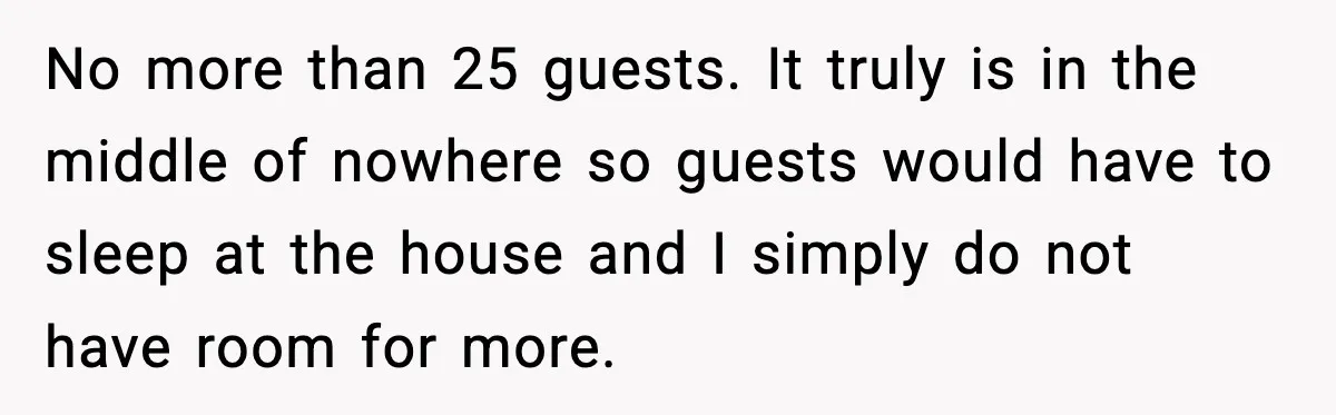 No more than 25 guests. It truly is in the middle of nowhere so guests would have to sleep at the house and I simply do not have room for...