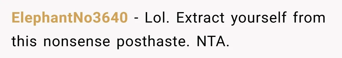 ElephantNo3640 - Lol. Extract yourself from this nonsense posthaste. NTA.