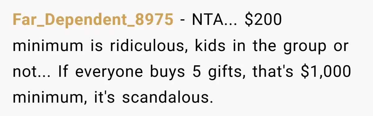 Far_Dependent_8975 - NTA... $200 minimum is ridiculous, kids in the group or not... If everyone buys 5 gifts, that's $1,000 minimum, it's scandalous.
