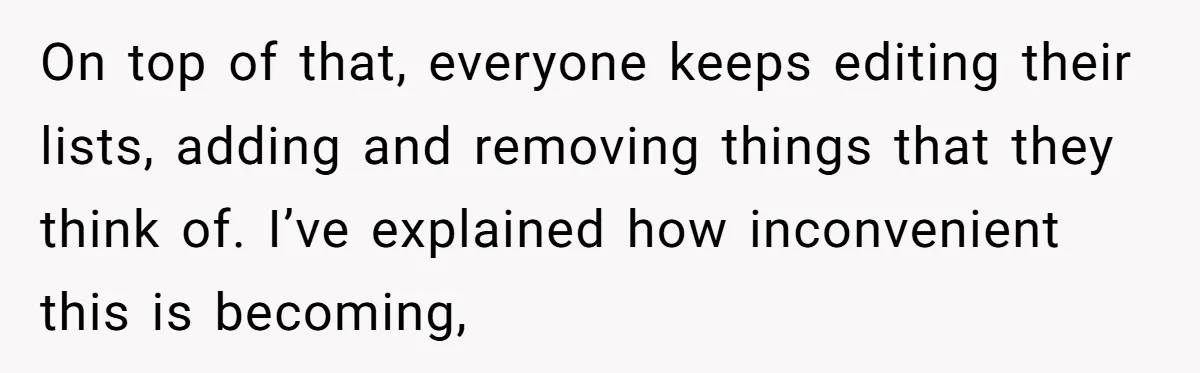 On top of that, everyone keeps editing their lists, adding and removing things that they think of. I’ve explained how inconvenient this is becoming,