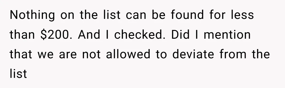 Nothing on the list can be found for less than $200. And I checked. Did I mention that we are not allowed to deviate from the list