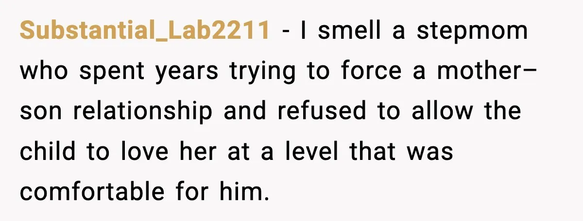 Substantial_Lab2211 - I smell a stepmom who spent years trying to force a mother–son relationship and refused to allow the child to love her at a level that was comfortable...