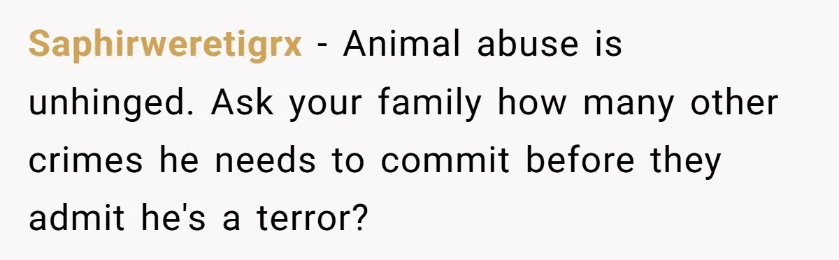 Saphirweretigrx - Animal abuse is unhinged. Ask your family how many other crimes he needs to commit before they admit he's a terror?