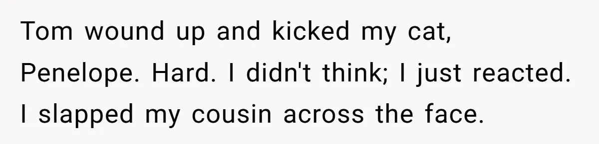 Tom wound up and kicked my cat, Penelope. Hard. I didn't think; I just reacted. I slapped my cousin across the face.
