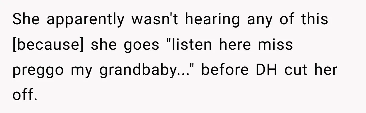She apparently wasn't hearing any of this [because] she goes "listen here miss preggo my grandbaby..." before DH cut her off.