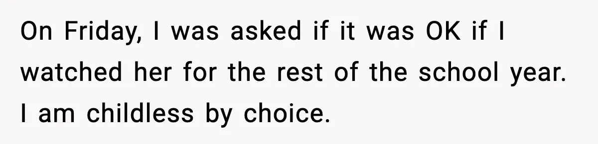 Sister Refuses Free Childcare And Her Brother In Law Loses His Mind On Friday, I was asked if it was OK if I watched her for the rest of the school year. I am childless by choice.