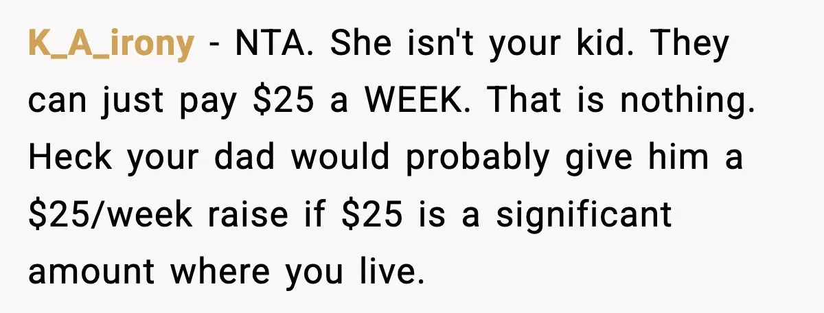 Sister Refuses Free Childcare And Her Brother In Law Loses His Mind K_A_irony - NTA. She isn't your kid. They can just pay $25 a WEEK. That is nothing. Heck your dad would probably give him a $25/week raise if $25 is...