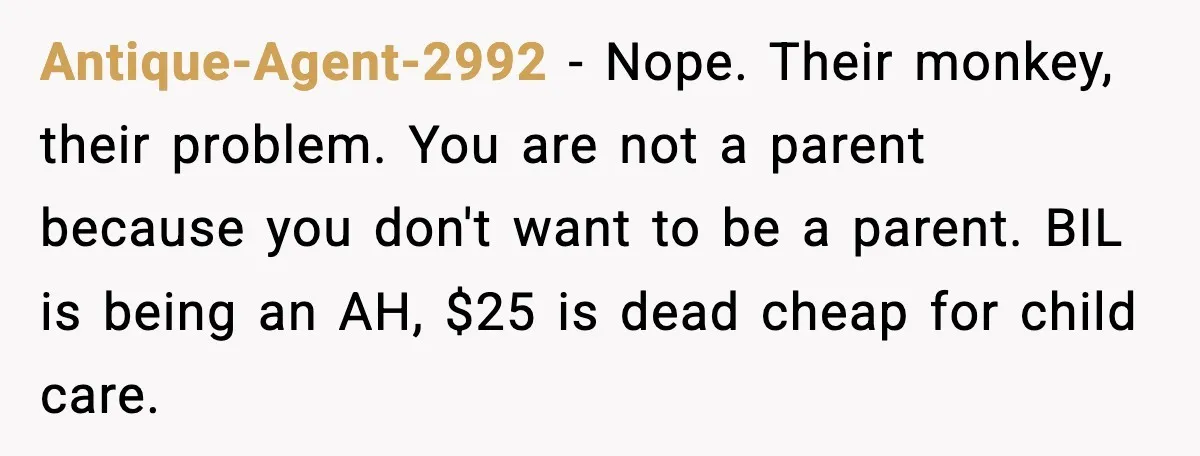 Sister Refuses Free Childcare And Her Brother In Law Loses His Mind Antique-Agent-2992 - Nope. Their monkey, their problem. You are not a parent because you don't want to be a parent. BIL is being an AH, $25 is dead cheap for...
