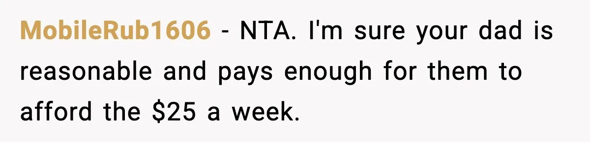 Sister Refuses Free Childcare And Her Brother In Law Loses His Mind MobileRub1606 - NTA. I'm sure your dad is reasonable and pays enough for them to afford the $25 a week.