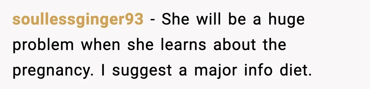 Aunt-In-Law Shames Pregnant Woman at Dinner and Sparks a Family Meltdown soullessginger93 - She will be a huge problem when she learns about the pregnancy.
I suggest a major info diet.