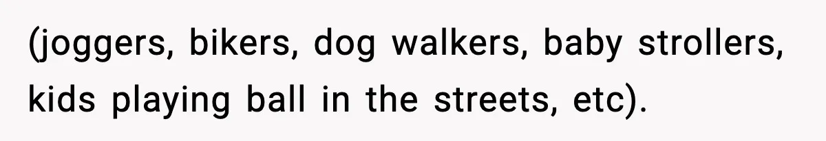 (joggers, bikers, dog walkers, baby strollers, kids playing ball in the streets, etc).