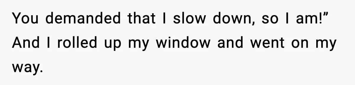 You demanded that I slow down, so I am!” And I rolled up my window and went on my way.