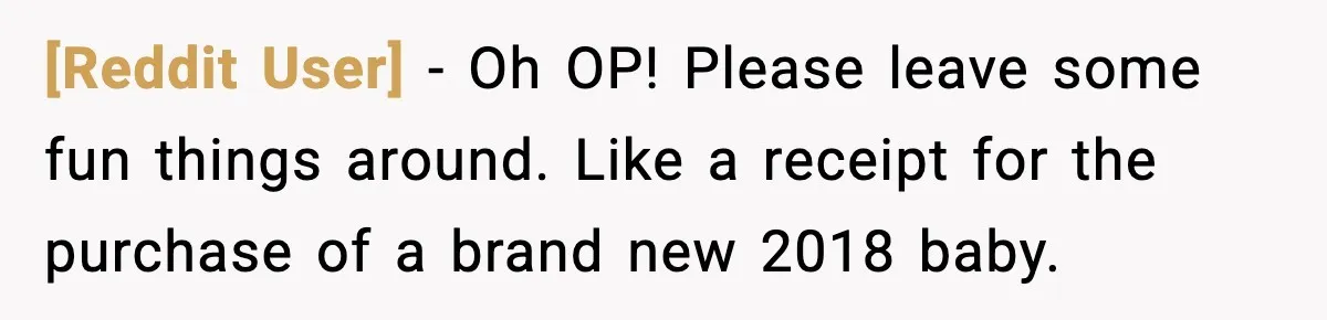 [Reddit User] - Oh OP! Please leave some fun things around. Like a receipt for the purchase of a brand new 2018 baby.