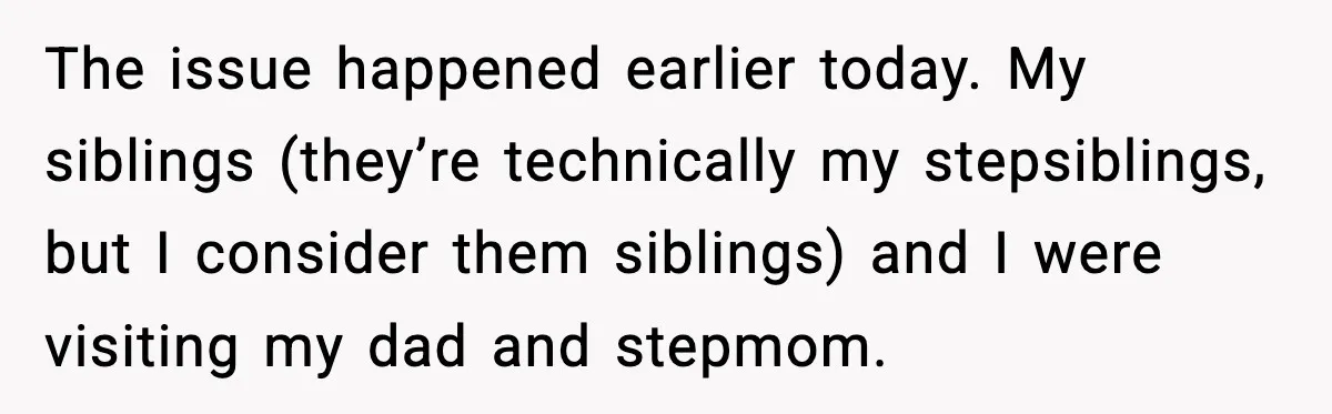 The issue happened earlier today. My siblings (they’re technically my stepsiblings, but I consider them siblings) and I were visiting my dad and stepmom.