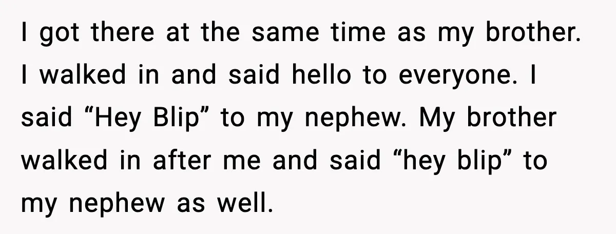 I got there at the same time as my brother. I walked in and said hello to everyone. I said “Hey Blip” to my nephew. My brother walked in after...