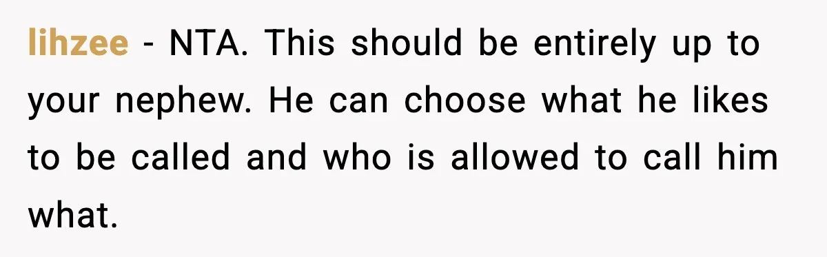 lihzee - NTA. This should be entirely up to your nephew. He can choose what he likes to be called and who is allowed to call him what.