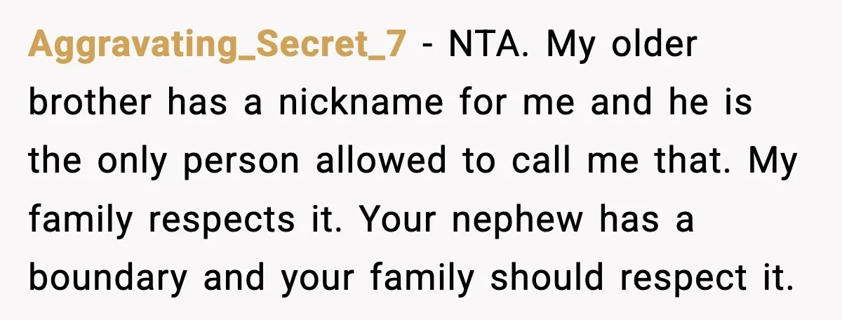 Aggravating_Secret_7 - NTA. My older brother has a nickname for me and he is the only person allowed to call me that. My family respects it. Your nephew has a...