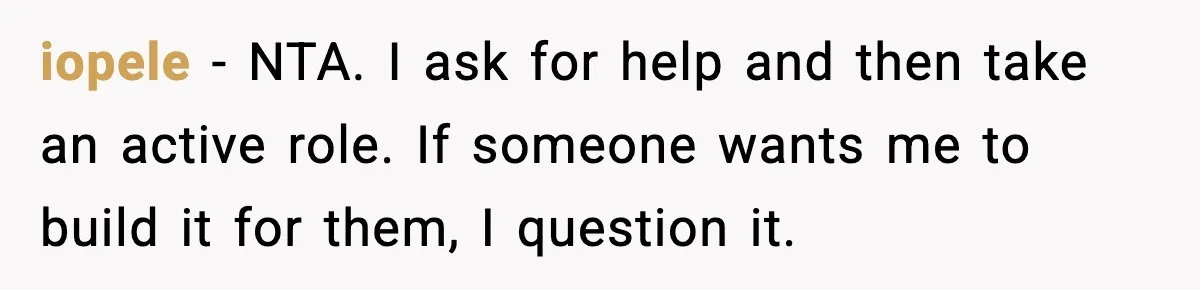 iopele - NTA. I ask for help and then take an active role. If someone wants me to build it for them, I question it.