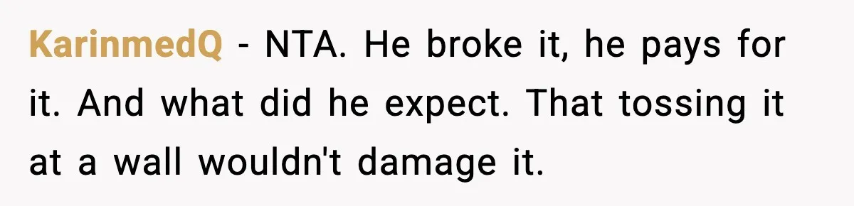 KarinmedQ - NTA. He broke it, he pays for it. And what did he expect. That tossing it at a wall wouldn't damage it.