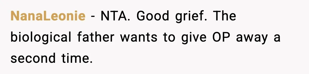 NanaLeonie − NTA. Good grief. The biological father wants to give OP away a second time.