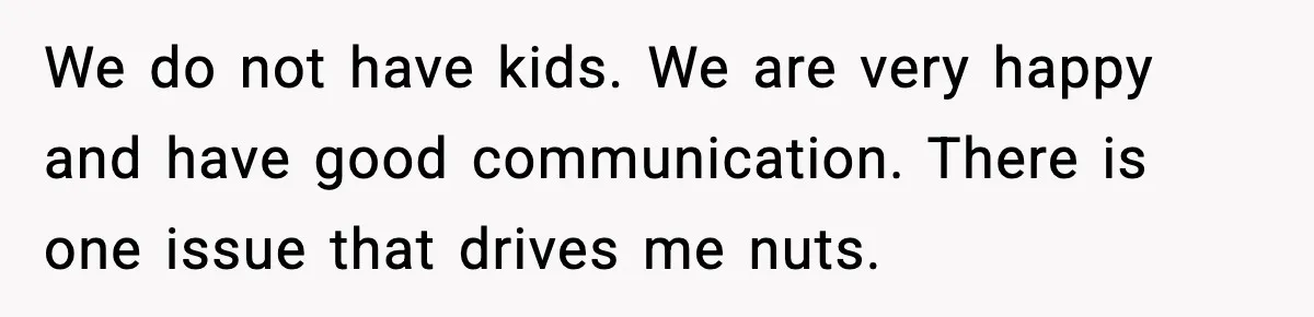 We do not have kids. We are very happy and have good communication. There is one issue that drives me nuts.