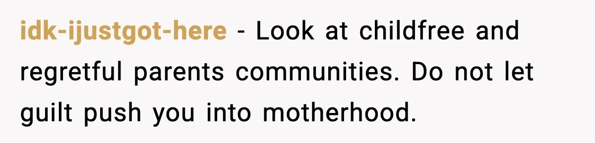 idk-ijustgot-here - Look at childfree and regretful parents communities. Do not let guilt push you into motherhood.