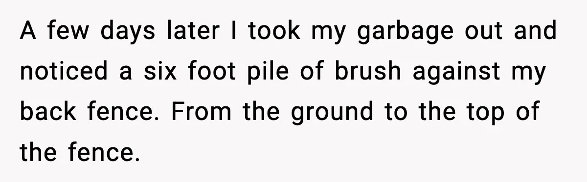 A few days later I took my garbage out and noticed a six foot pile of brush against my back fence. From the ground to the top of the fence.