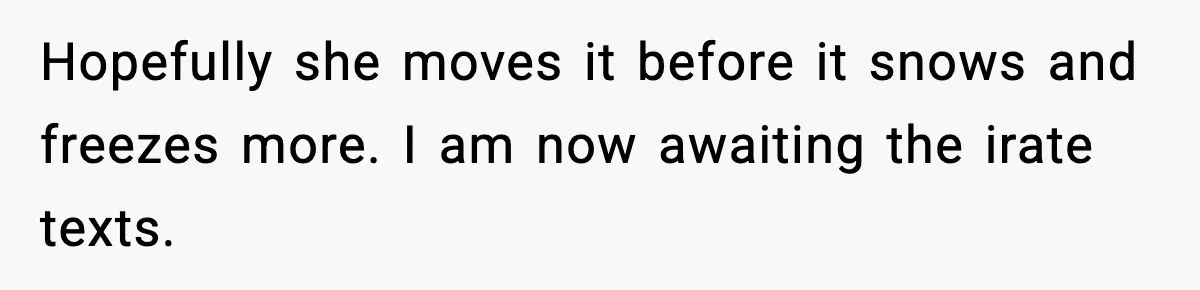 Hopefully she moves it before it snows and freezes more. I am now awaiting the irate texts.