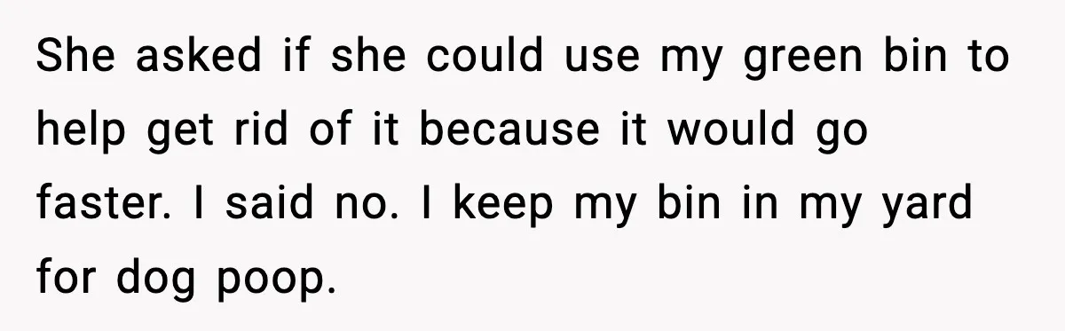 She asked if she could use my green bin to help get rid of it because it would go faster. I said no. I keep my bin in my yard...