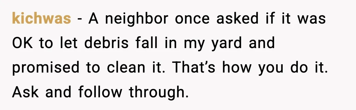 kichwas - A neighbor once asked if it was OK to let debris fall in my yard and promised to clean it. That’s how you do it. Ask and follow...
