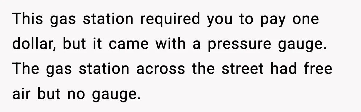 This gas station required you to pay one dollar, but it came with a pressure gauge. The gas station across the street had free air but no gauge.