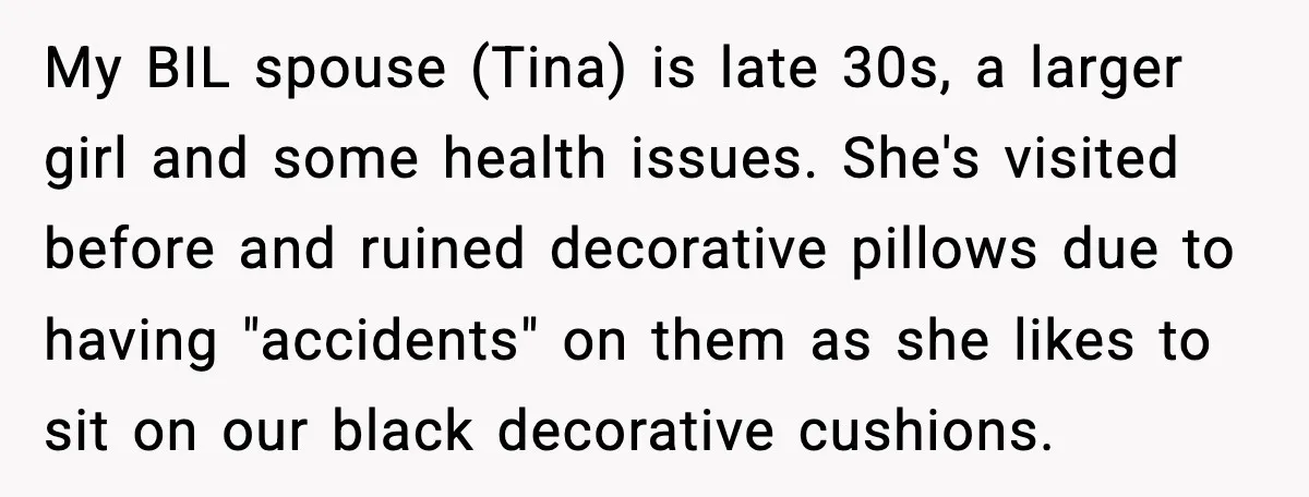 My BIL spouse (Tina) is late 30s, a larger girl and some health issues. She's visited before and ruined decorative pillows due to having "accidents" on them as she likes...