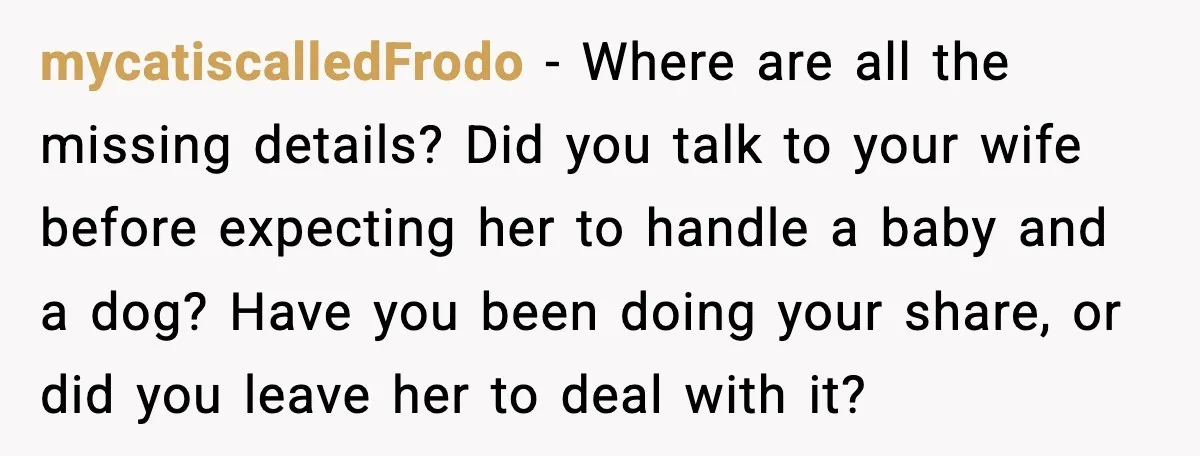 mycatiscalledFrodo - Where are all the missing details? Did you talk to your wife before expecting her to handle a baby and a dog? Have you been doing your share,...