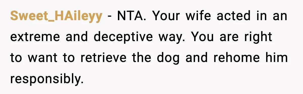 Sweet_HAileyy - NTA. Your wife acted in an extreme and deceptive way. You are right to want to retrieve the dog and rehome him responsibly.
