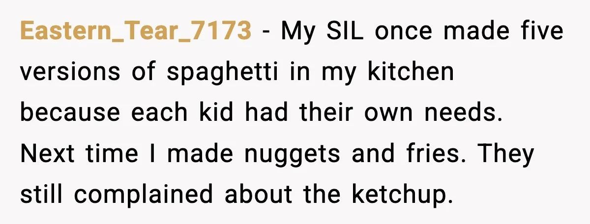 Eastern_Tear_7173 - My SIL once made five versions of spaghetti in my kitchen because each kid had their own needs. Next time I made nuggets and fries. They still complained...