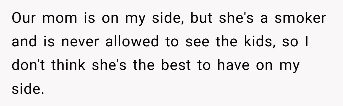 Our mom is on my side, but she's a smoker and is never allowed to see the kids, so I don't think she's the best to have on my side.