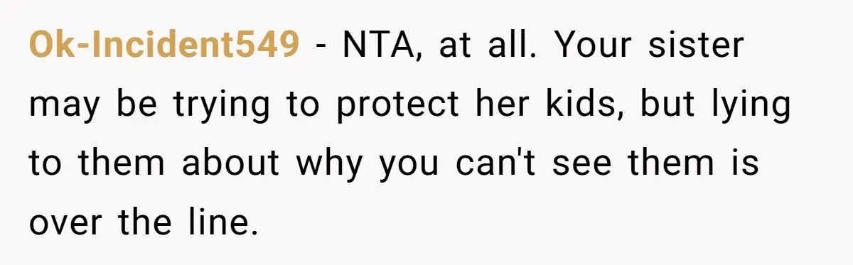 Ok-Incident549 − NTA, at all. Your sister may be trying to protect her kids, but lying to them about why you can't see them is over the line.