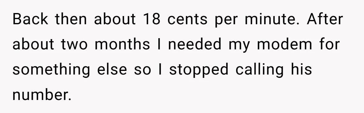 Back then about 18 cents per minute. After about two months I needed my modem for something else so I stopped calling his number.