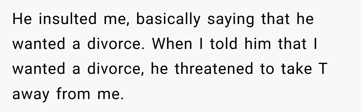 He insulted me, basically saying that he wanted a divorce. When I told him that I wanted a divorce, he threatened to take T away from me.