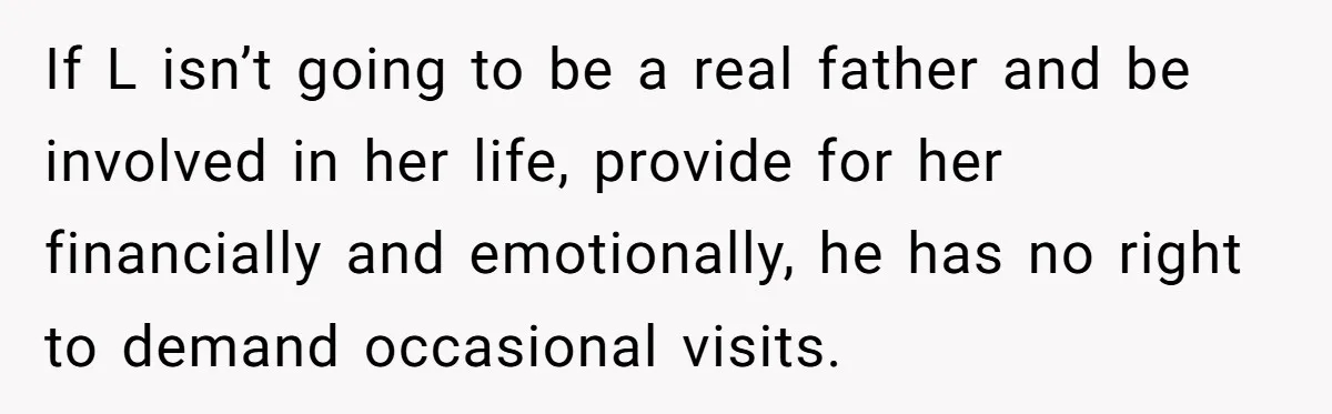 If L isn’t going to be a real father and be involved in her life, provide for her financially and emotionally, he has no right to demand occasional visits.