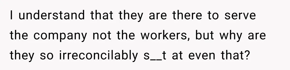 I understand that they are there to serve the company not the workers, but why are they so irreconcilably s__t at even that?