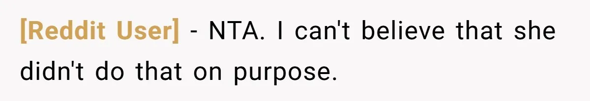 [Reddit User] − NTA. I can't believe that she didn't do that on purpose.