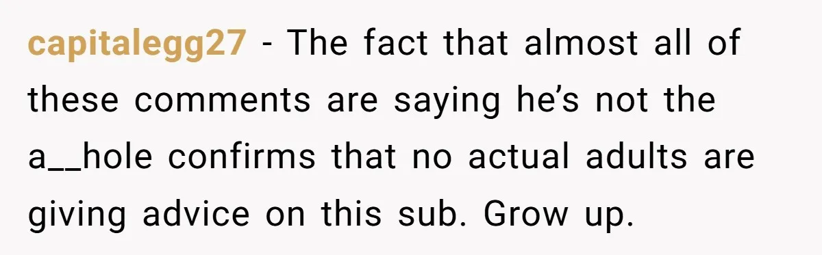 capitalegg27 − The fact that almost all of these comments are saying he’s not the a__hole confirms that no actual adults are giving advice on this sub. Grow up.