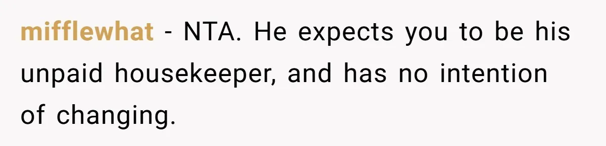 mifflewhat − NTA. He expects you to be his unpaid housekeeper, and has no intention of changing.