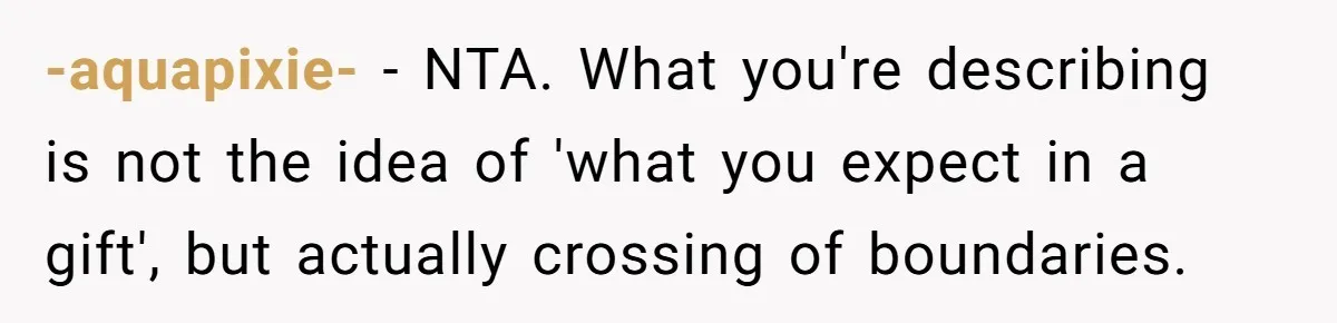 -aquapixie- − NTA. What you're describing is not the idea of 'what you expect in a gift', but actually crossing of boundaries.