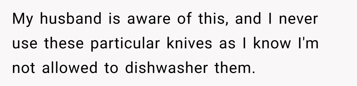 My husband is aware of this, and I never use these particular knives as I know I'm not allowed to dishwasher them.