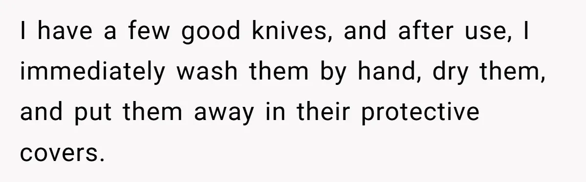 I have a few good knives, and after use, I immediately wash them by hand, dry them, and put them away in their protective covers.