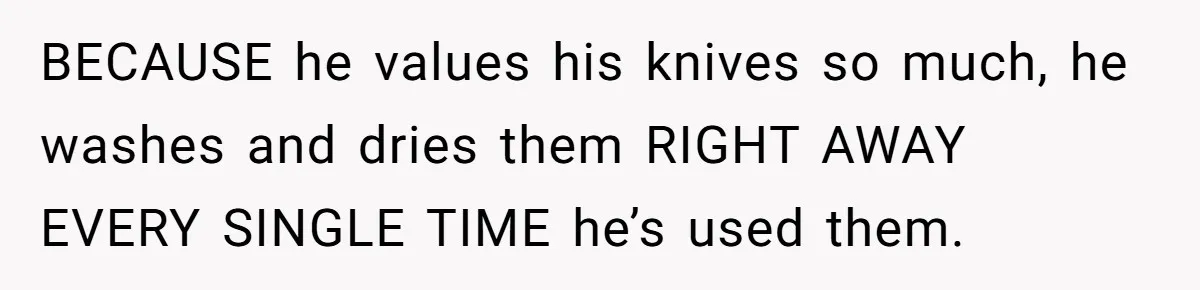 BECAUSE he values his knives so much, he washes and dries them RIGHT AWAY EVERY SINGLE TIME he’s used them.