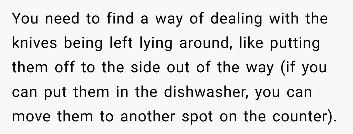 You need to find a way of dealing with the knives being left lying around, like putting them off to the side out of the way (if you can put...