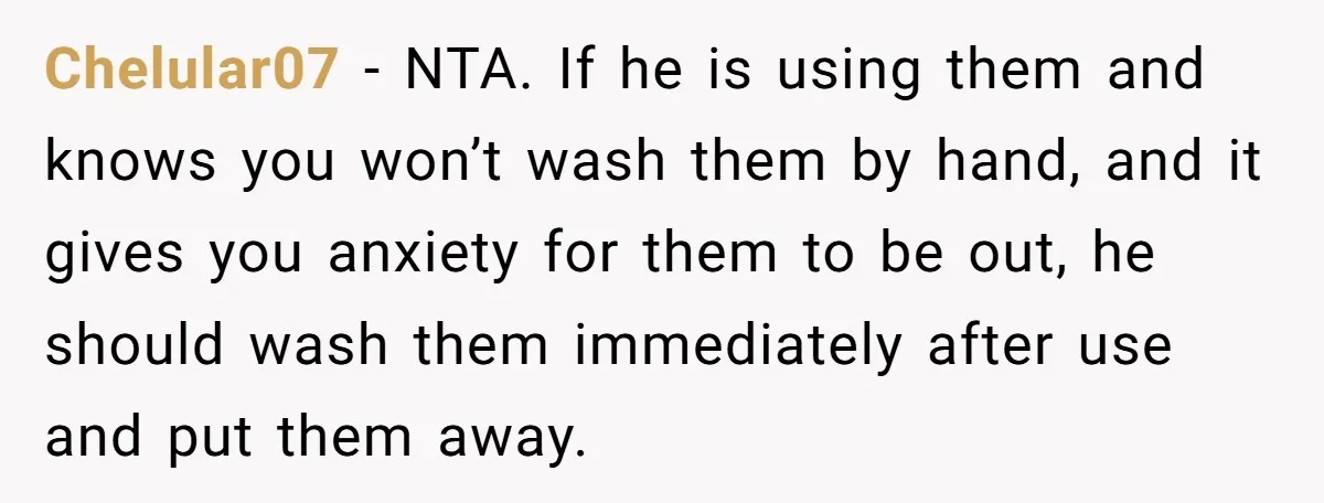 Chelular07 − NTA. If he is using them and knows you won’t wash them by hand, and it gives you anxiety for them to be out, he should wash them...